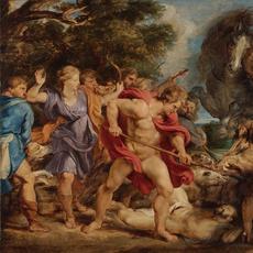 彼得·保羅·魯本斯(佛蘭德人，1577 - 1640)，《卡利多尼亞獵豬記》，大約1611-1612年，畫板上的油畫，23 5/16 × 35 5/16英寸。保羅蓋蒂博物館，洛杉磯